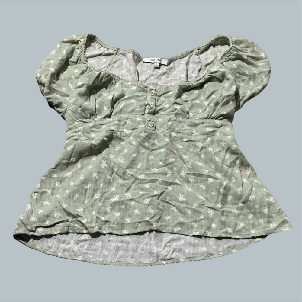 Floral Women’s Coquette sage Green Dainty Babydoll Button up short sleeve peplum
